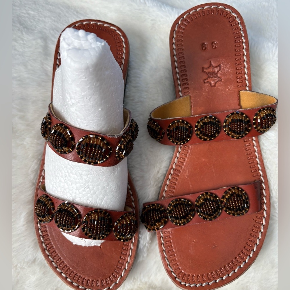 Women's Brown Beaded Leather Slide Sandals, Sz: 39 (8.5)